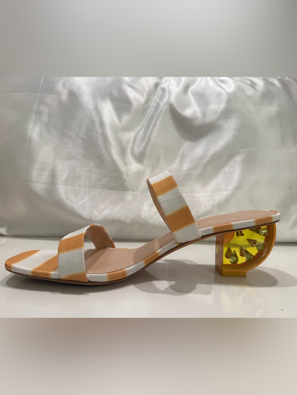 Kate Spade Yellow and White Striped Sandals with LEMON clear heel. - Picture 3 of 6
